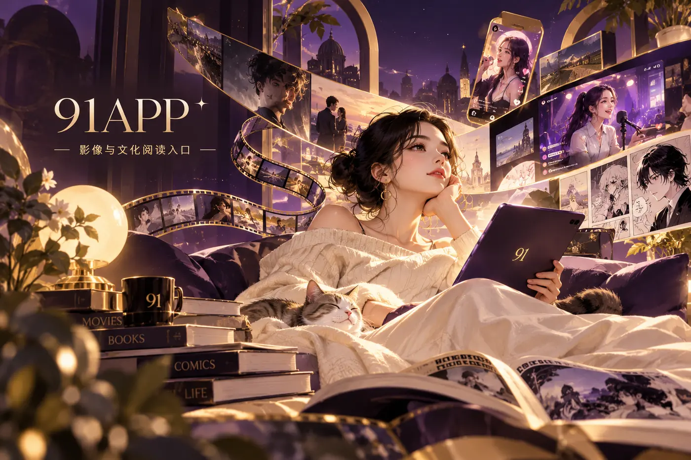 深紫与暖金交织的影像主题封面